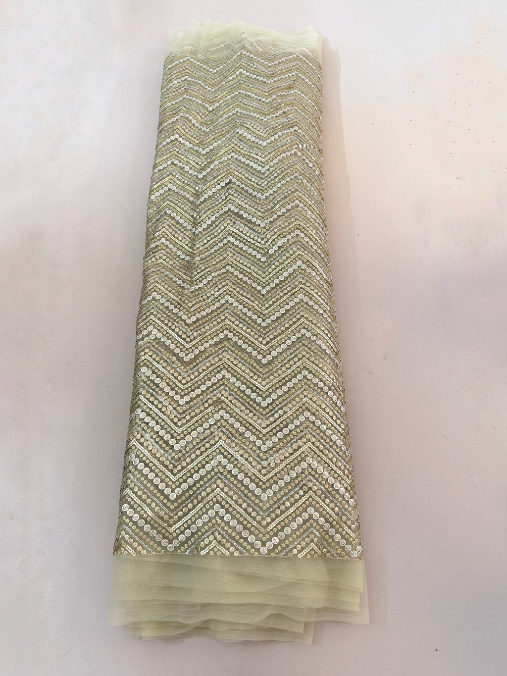 Zigzag Sequin Net Lace Fabric – Gold Chevron Embroidery | 46" Width