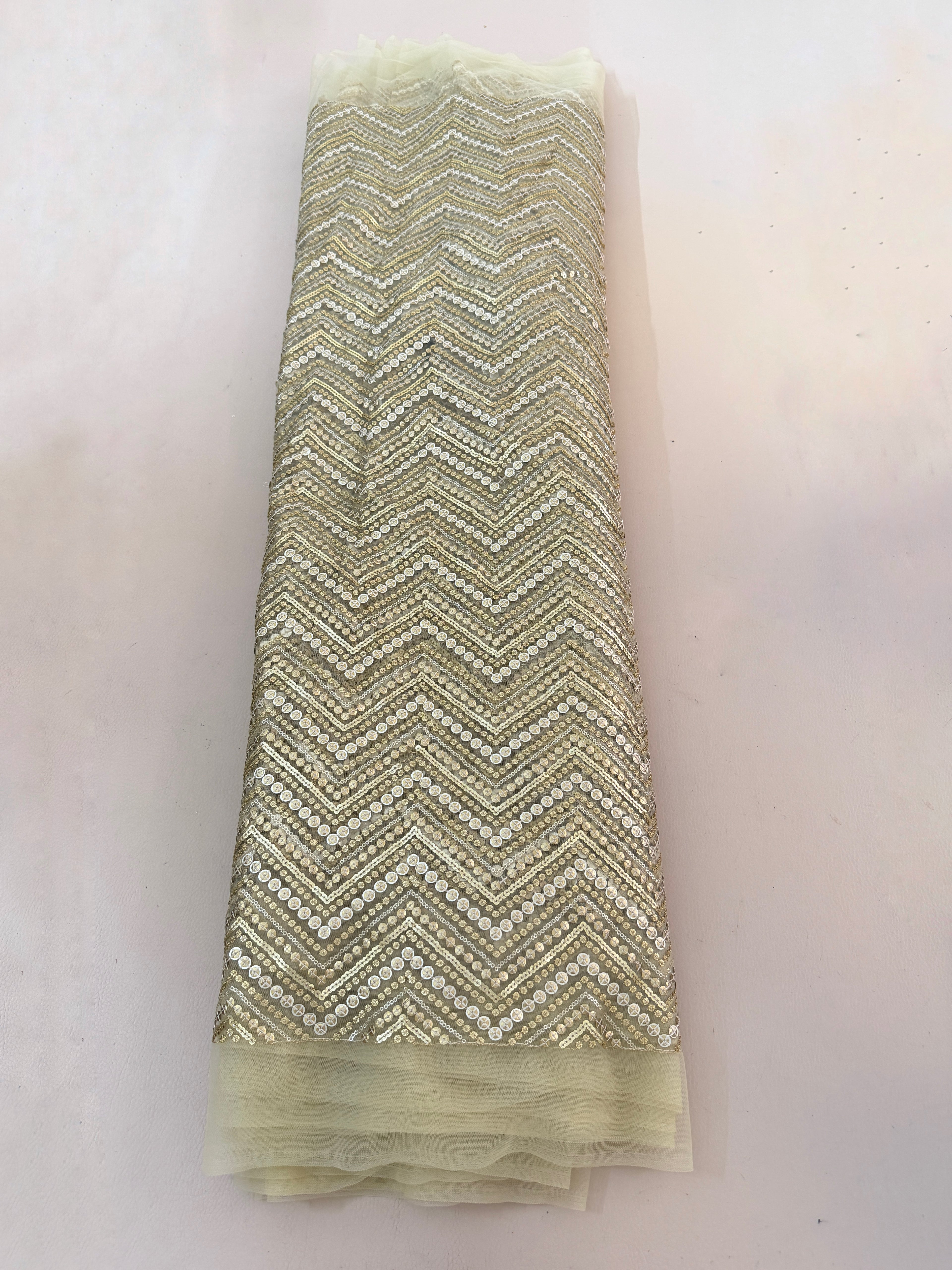 Zigzag Sequin Net Lace Fabric – Gold Chevron Embroidery | 46" Width