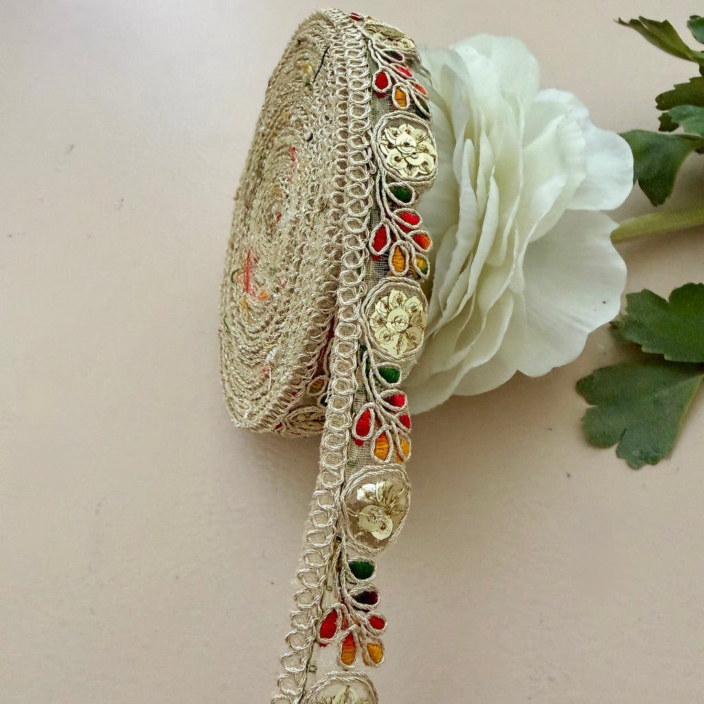 Decorative Trim Lace with colorful stones on a white flower background