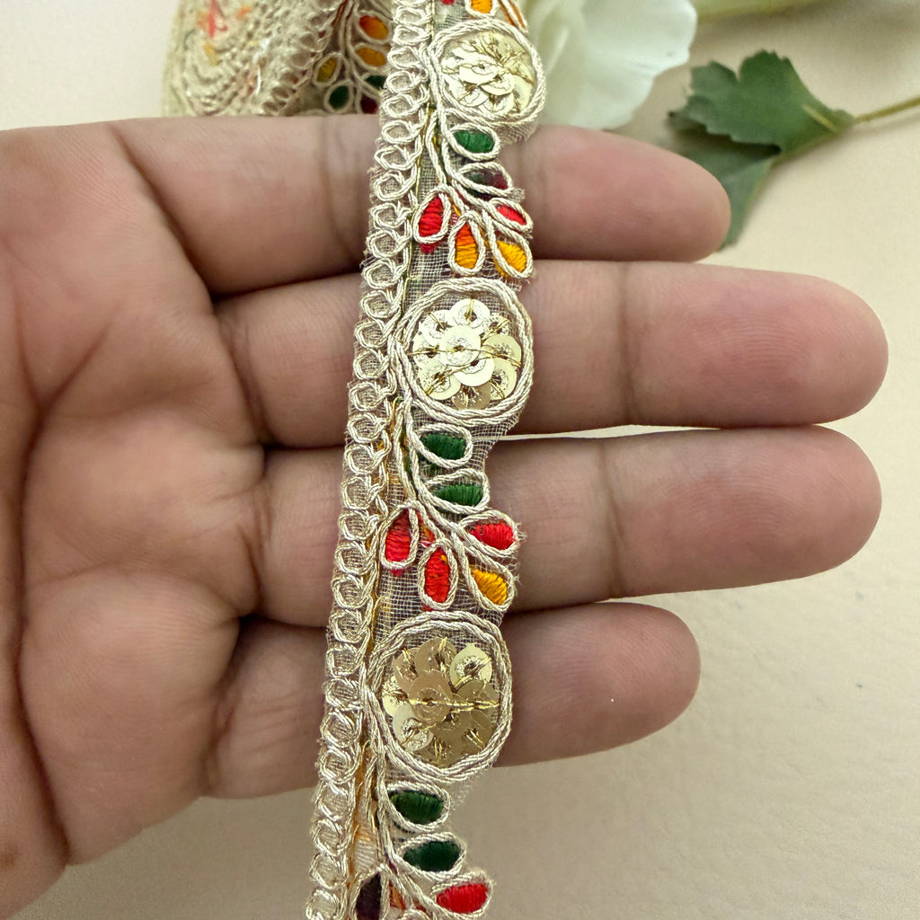 Decorative lace trim held between fingers with a neutral background