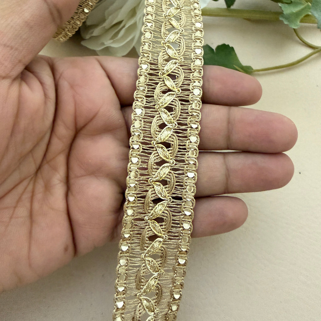 Gold lace trim held between fingers with a neutral background
