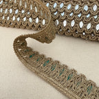 Close-up of decorative lace trim on a beige fabric background