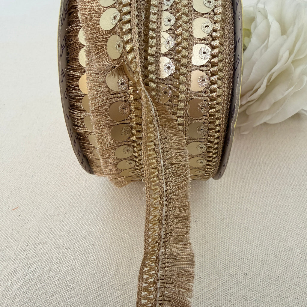 Close-up of a spool of decorative ribbon with fringe and sequins on a light background.