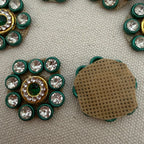 Decorative buttons with gemstones on a textured surface