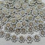 Close-up of decorative buttons with gemstones on a textured fabric background