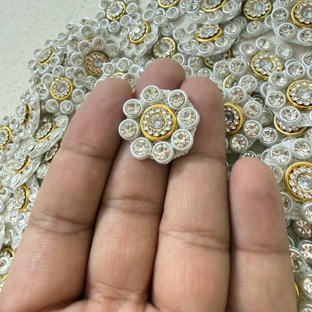 Close-up of a hand holding a decorative button with intricate design against a textured background.