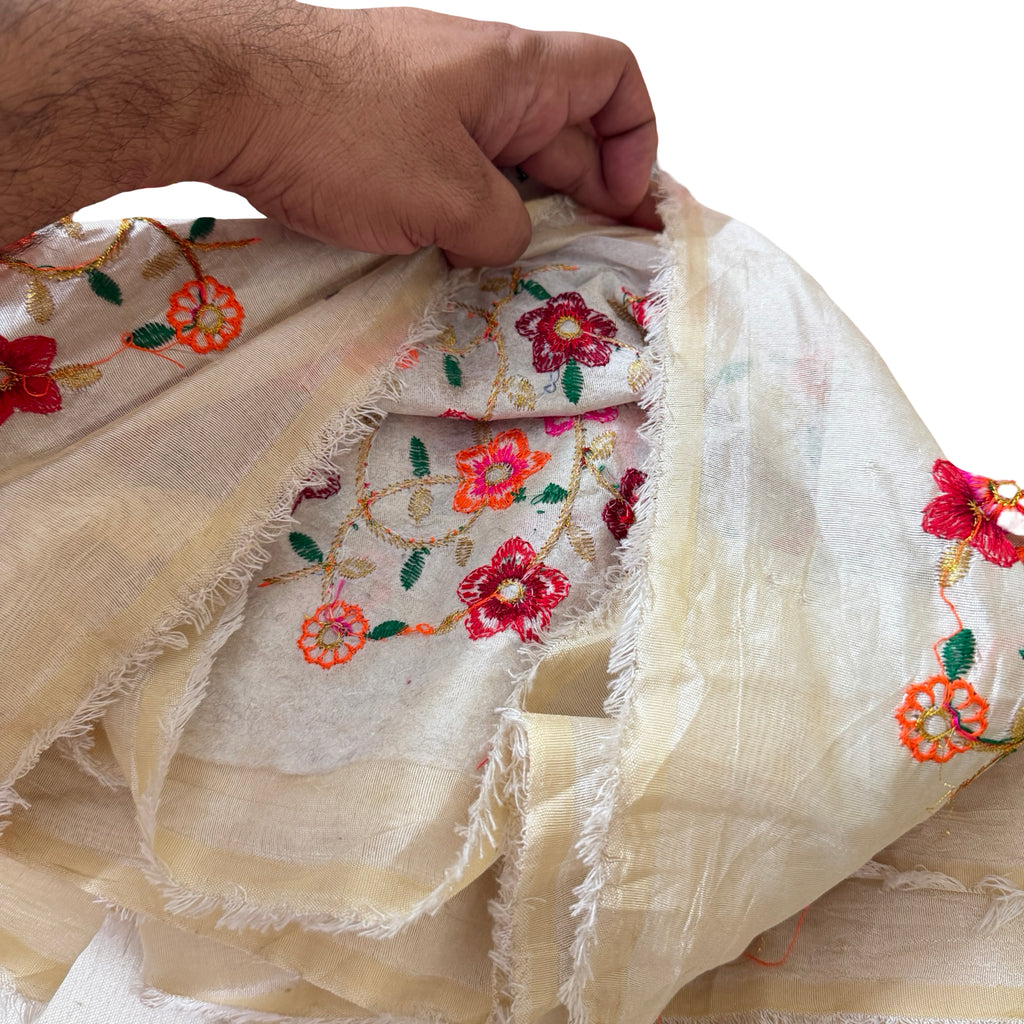 Hand holding a piece of embroidered fabric with floral patterns
