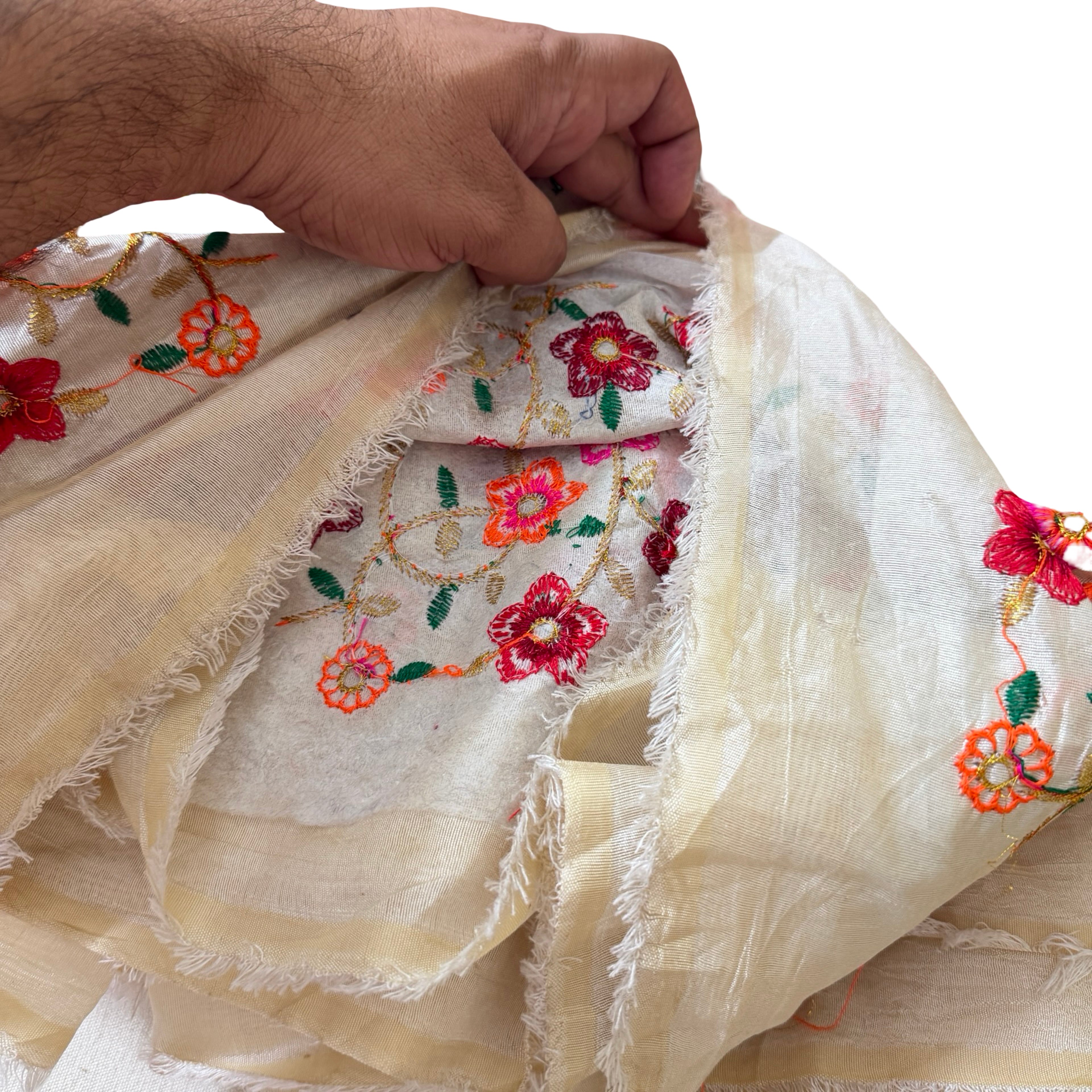 Hand holding a piece of embroidered fabric with floral patterns
