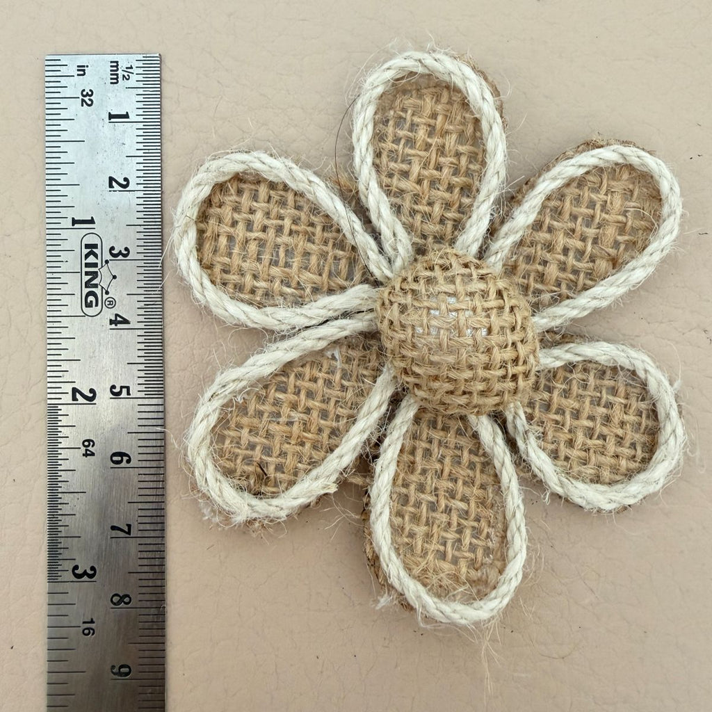 Front and back view of burlap daisy flower patch