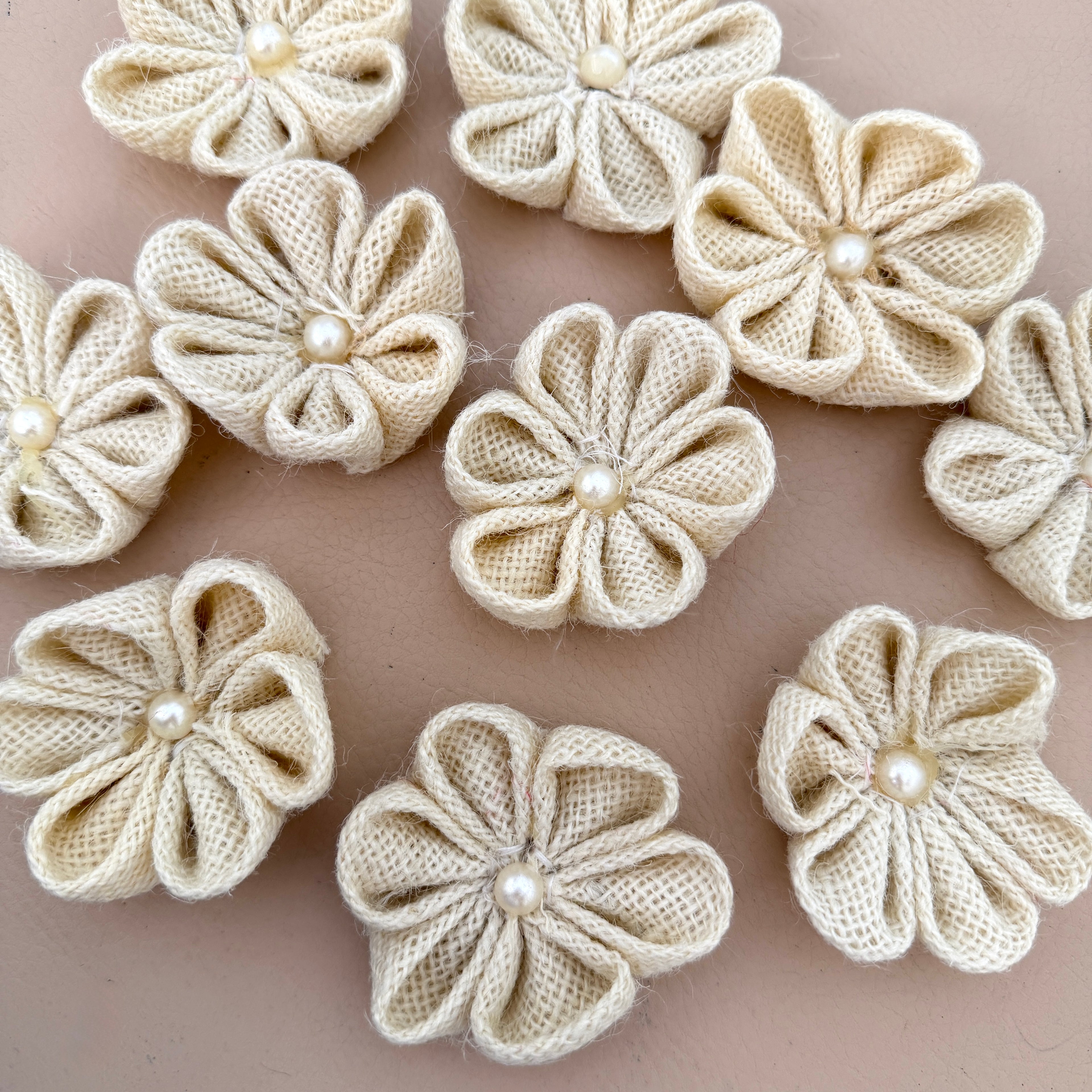 Rustic Burlap Daisy Flower Patch with Pearl Center- Pack of 5