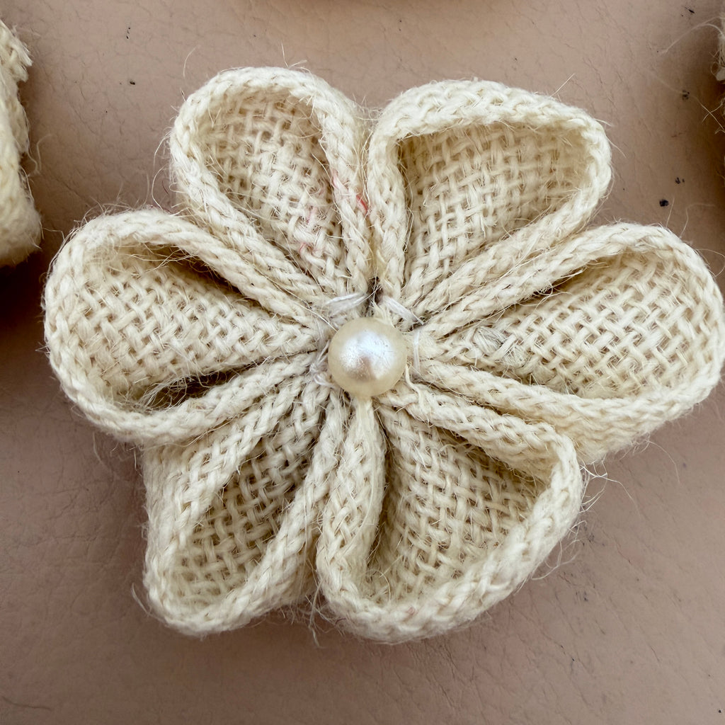 Rustic Burlap Daisy Flower Patch with Pearl Center- Pack of 5