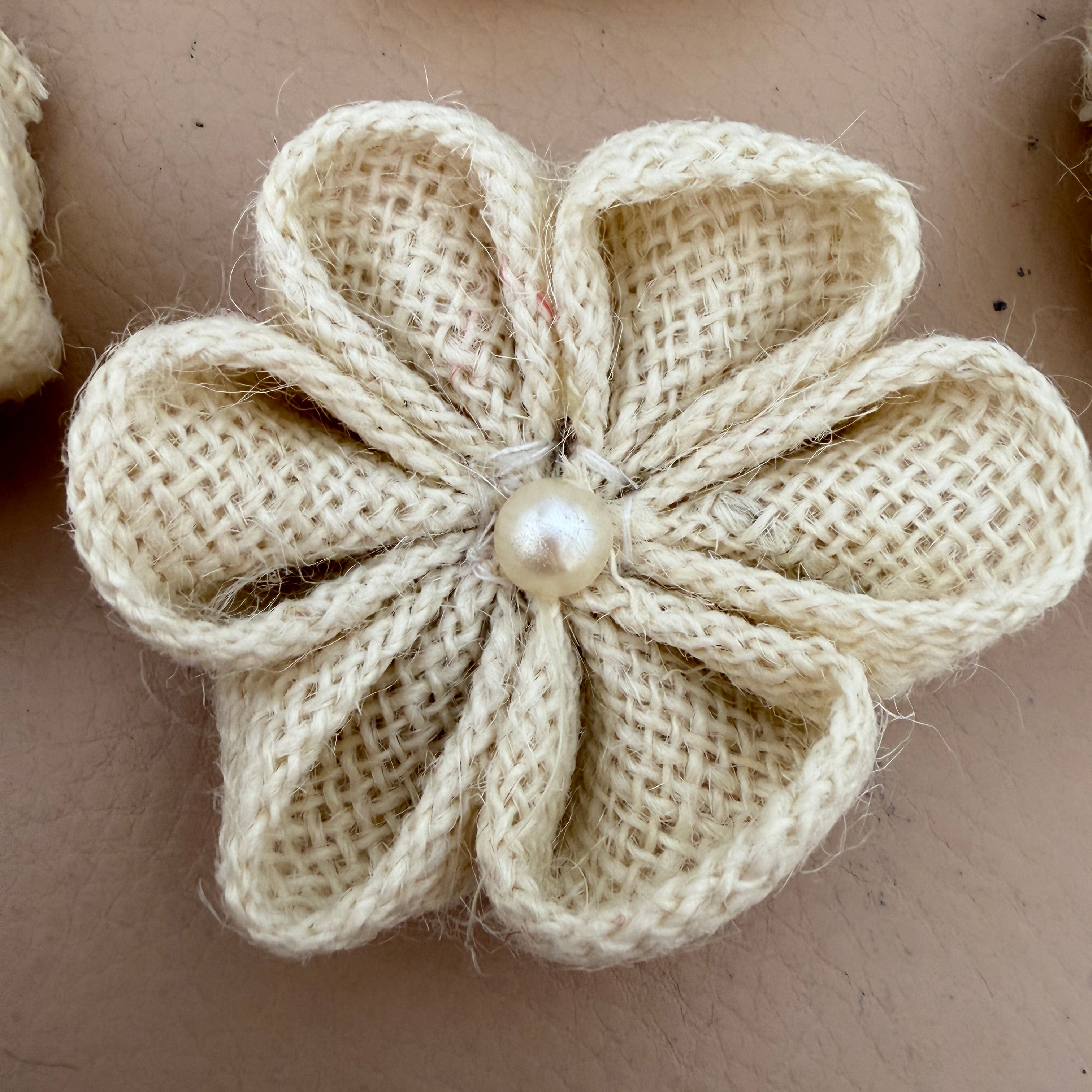 Rustic Burlap Daisy Flower Patch with Pearl Center- Pack of 5