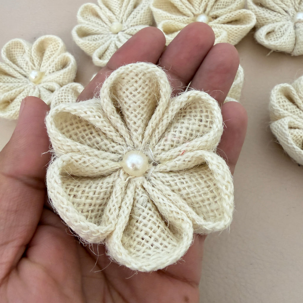 Rustic Burlap Daisy Flower Patch with Pearl Center- Pack of 5