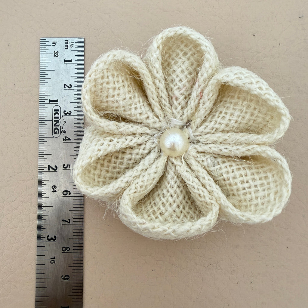 Rustic Burlap Daisy Flower Patch with Pearl Center- Pack of 5