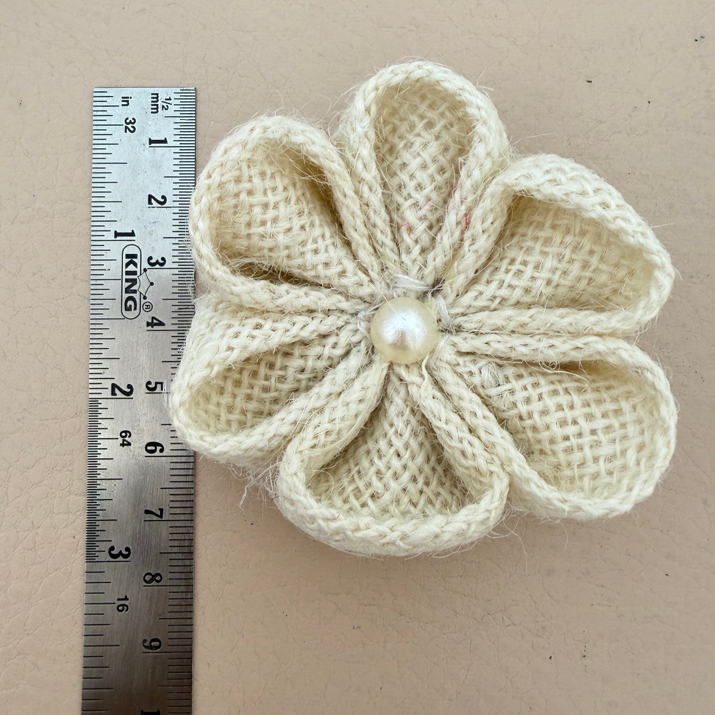Rustic Burlap Daisy Flower Patch with Pearl Center- Pack of 5