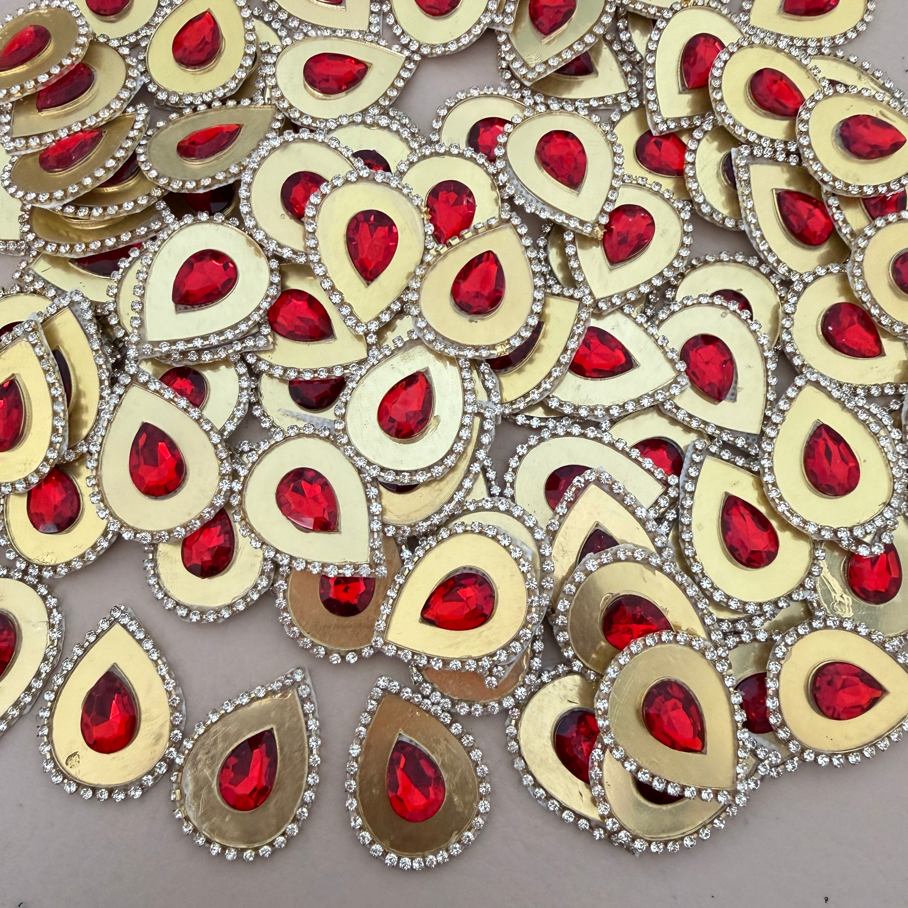 Red Rhinestone Kundan Teardrop Patches with Gold Metal Base (Pack of 10)