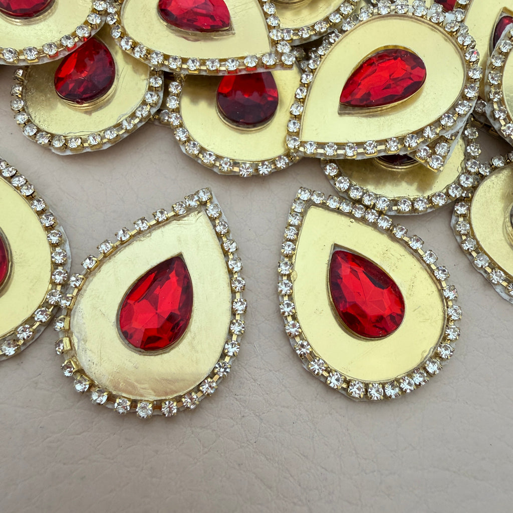 Red Rhinestone Kundan Teardrop Patches with Gold Metal Base (Pack of 10)