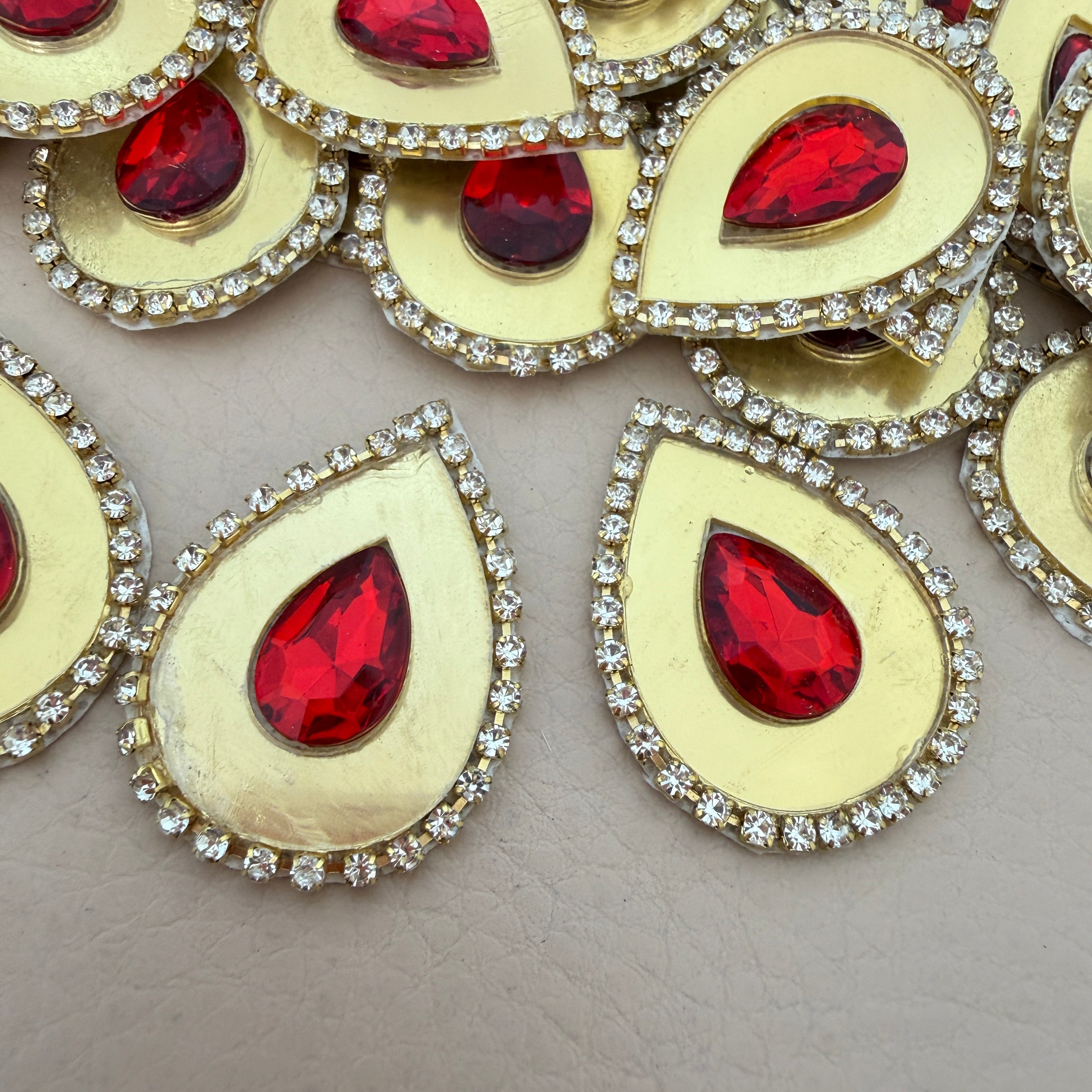Red Rhinestone Kundan Teardrop Patches with Gold Metal Base (Pack of 10)