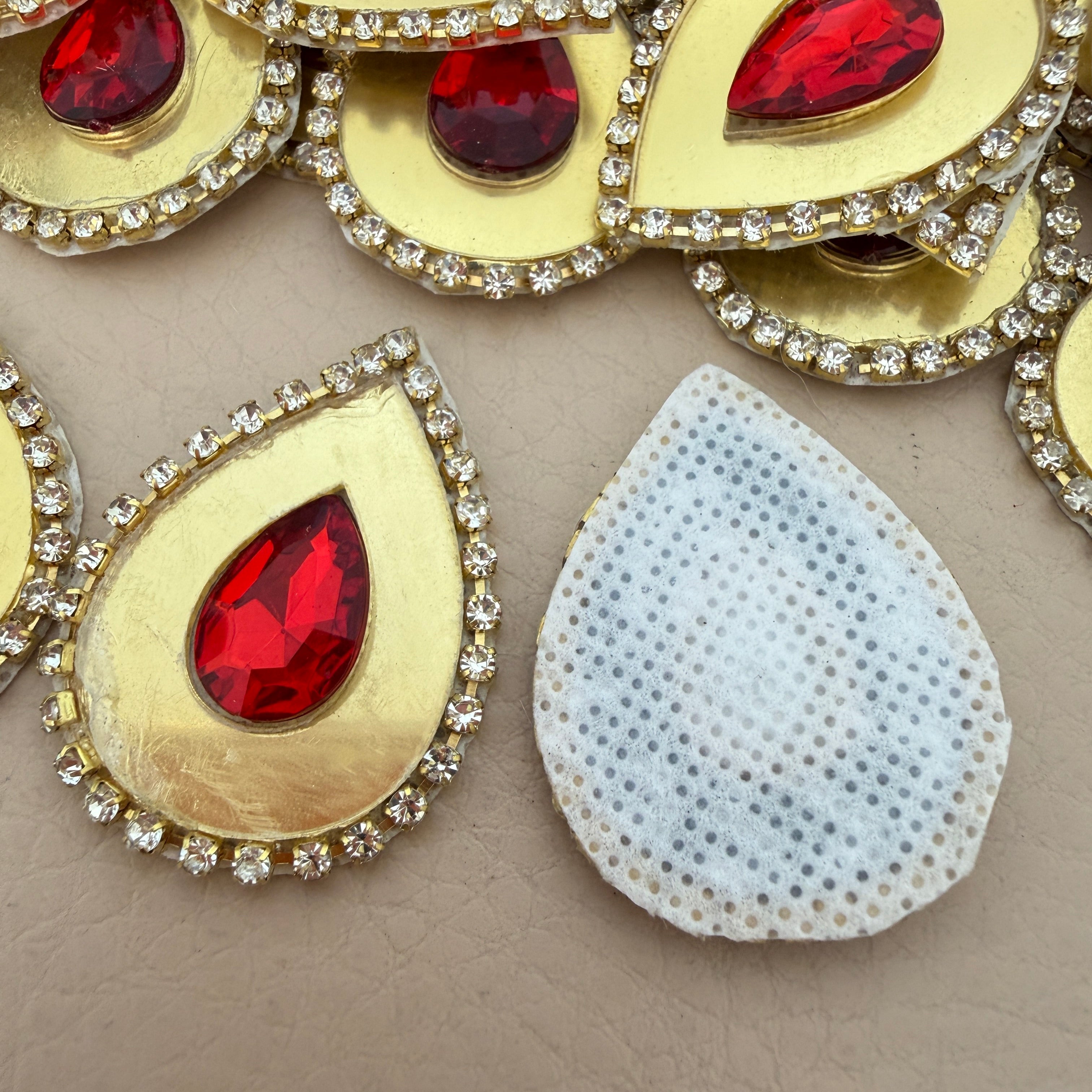Red Rhinestone Kundan Teardrop Patches with Gold Metal Base (Pack of 10)