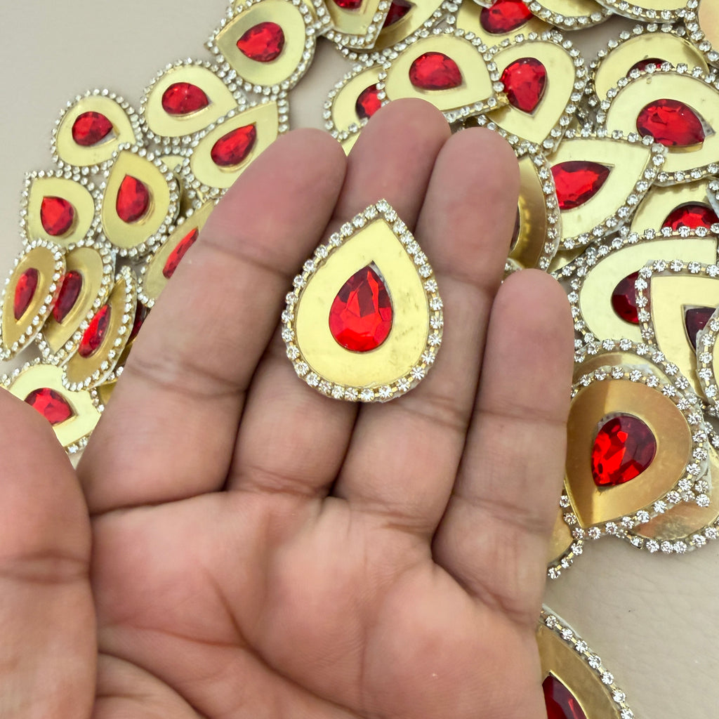 Red Rhinestone Kundan Teardrop Patches with Gold Metal Base (Pack of 10)
