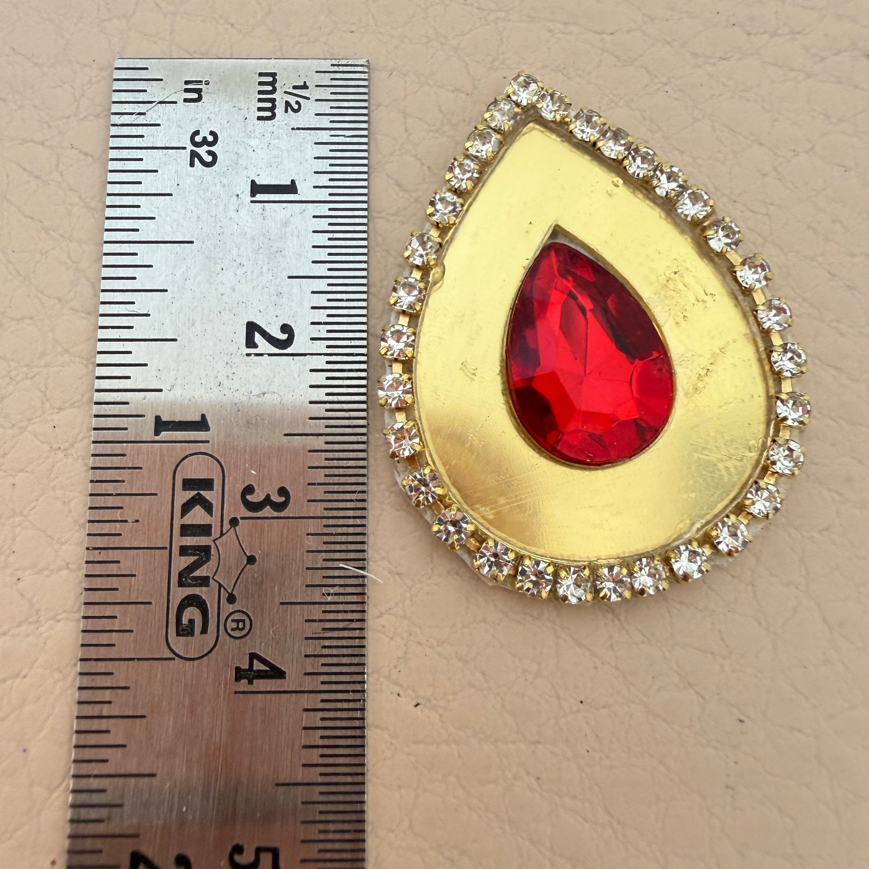Red Rhinestone Kundan Teardrop Patches with Gold Metal Base (Pack of 10)