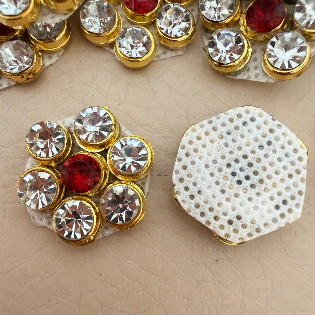 Red & Clear Crystal Flower Stone Patches Handcrafted Rhinestone Floral Motifs for Festive Wear, Crafts & Decor Pack of 25