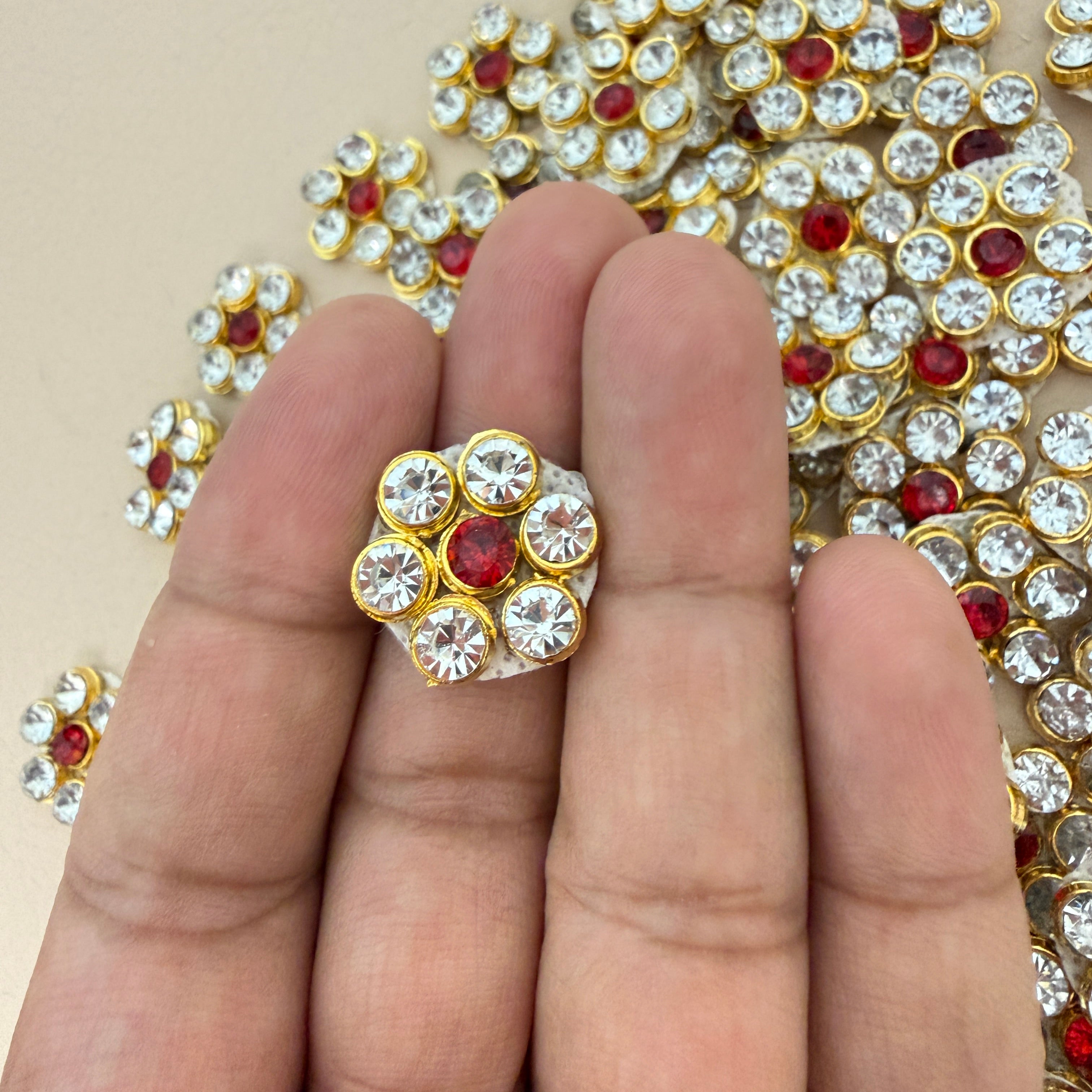 Red & Clear Crystal Flower Stone Patches Handcrafted Rhinestone Floral Motifs for Festive Wear, Crafts & Decor Pack of 25