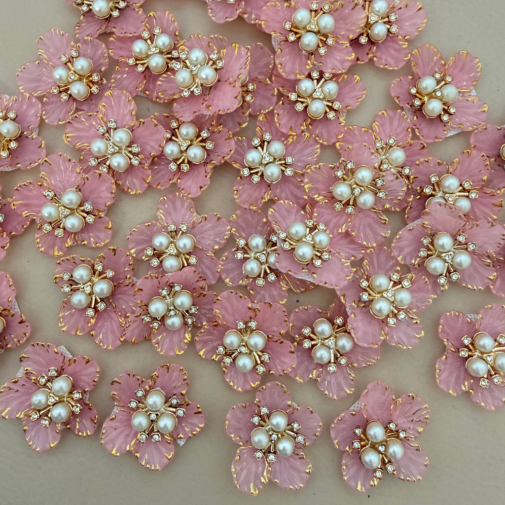 Pink pestal Flower Patches Embellishment with Pearl & Rhinestone Appliques – Pack of 5