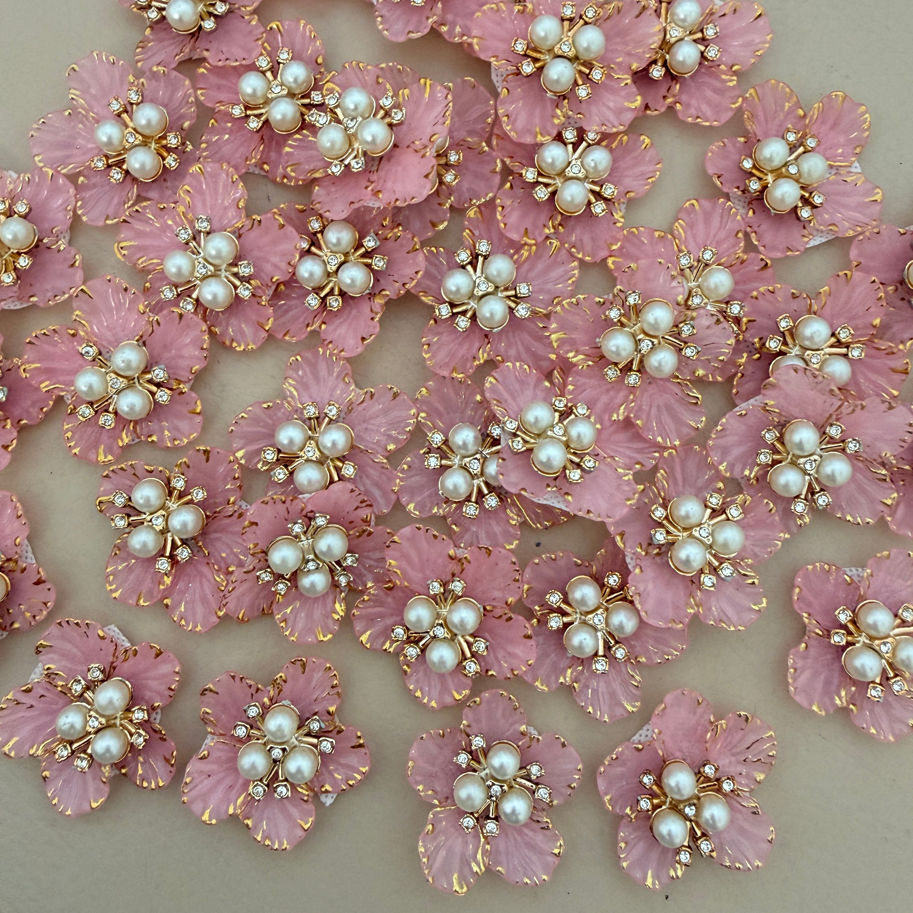 Pink pestal Flower Patches Embellishment with Pearl & Rhinestone Appliques – Pack of 5