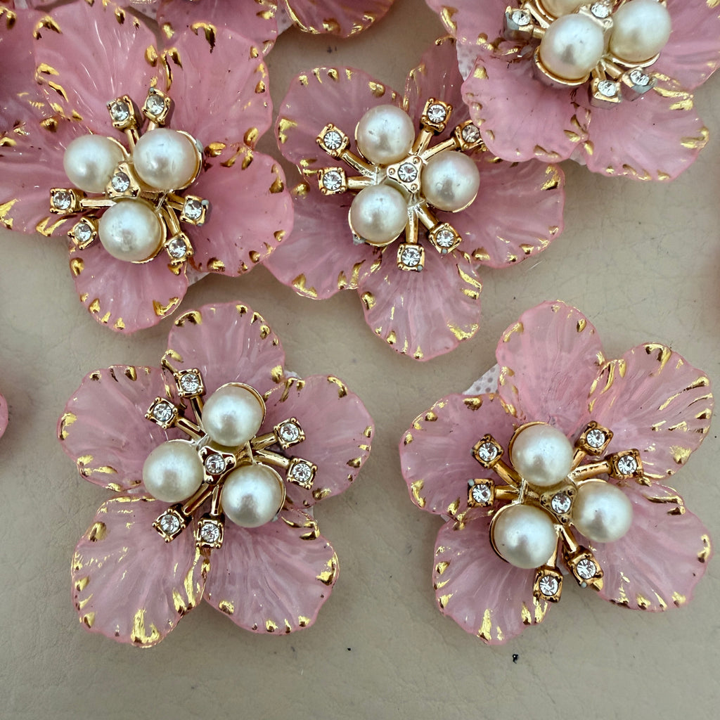 Pink pestal Flower Patches Embellishment with Pearl & Rhinestone Appliques – Pack of 5