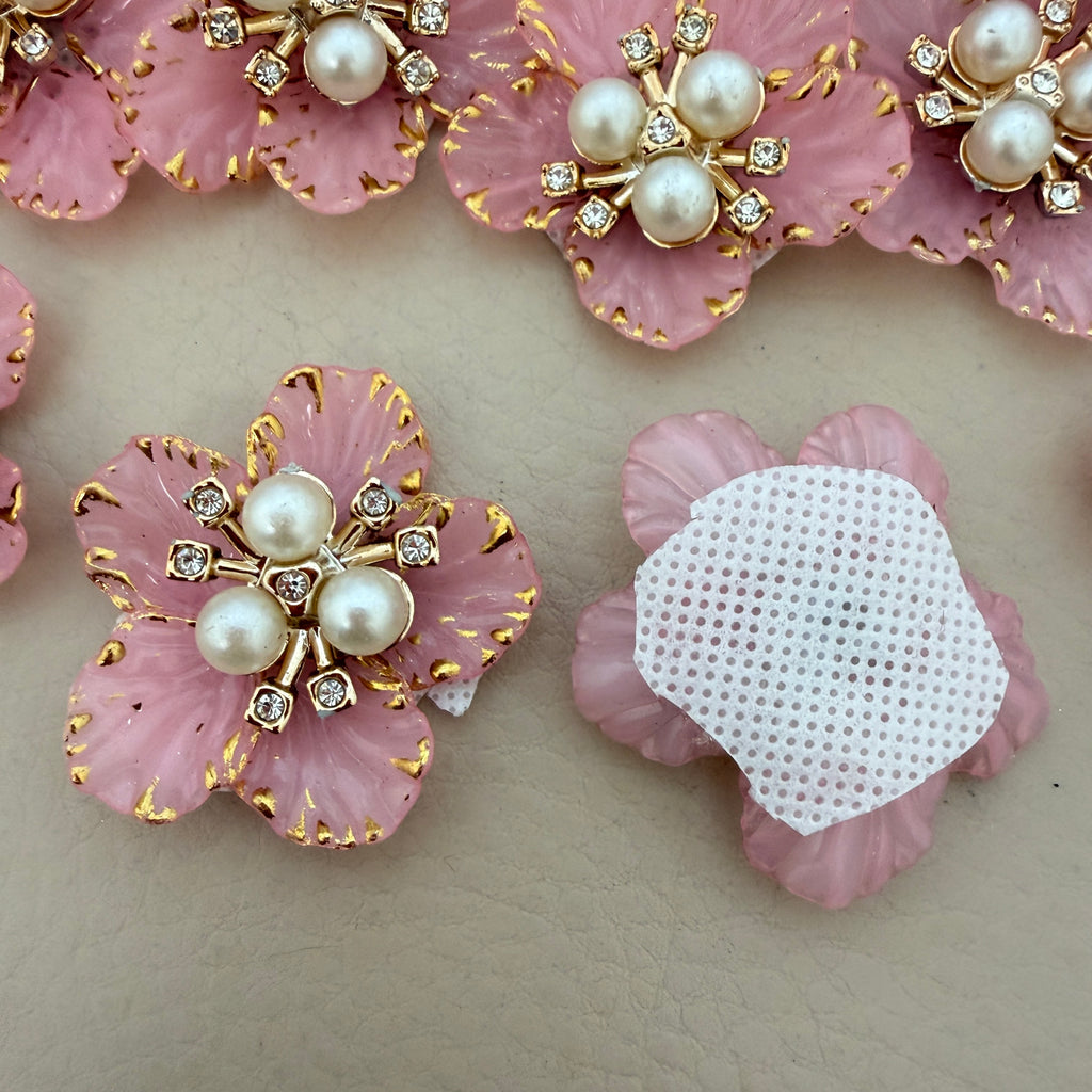 Pink pestal Flower Patches Embellishment with Pearl & Rhinestone Appliques – Pack of 5