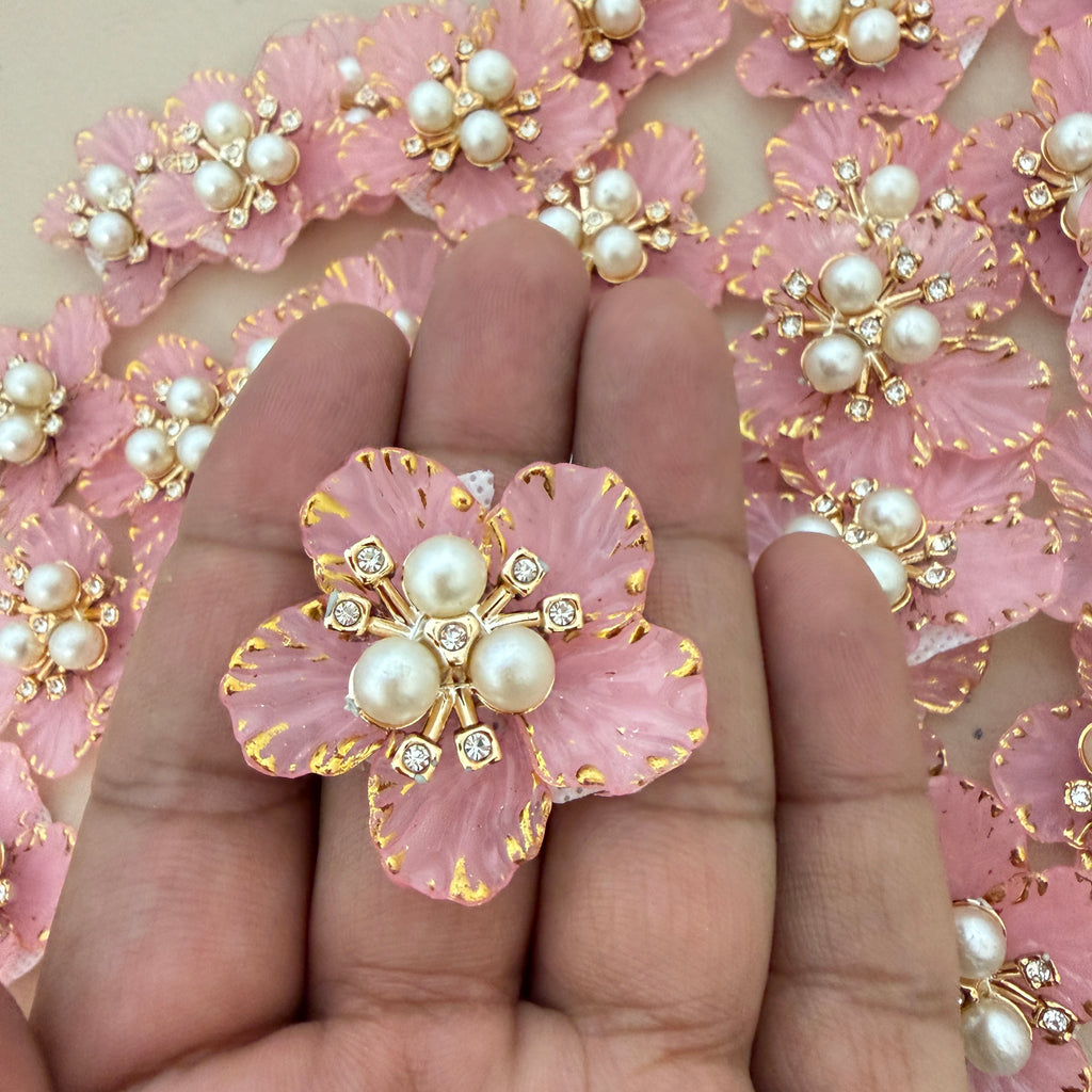 Pink pestal Flower Patches Embellishment with Pearl & Rhinestone Appliques – Pack of 5