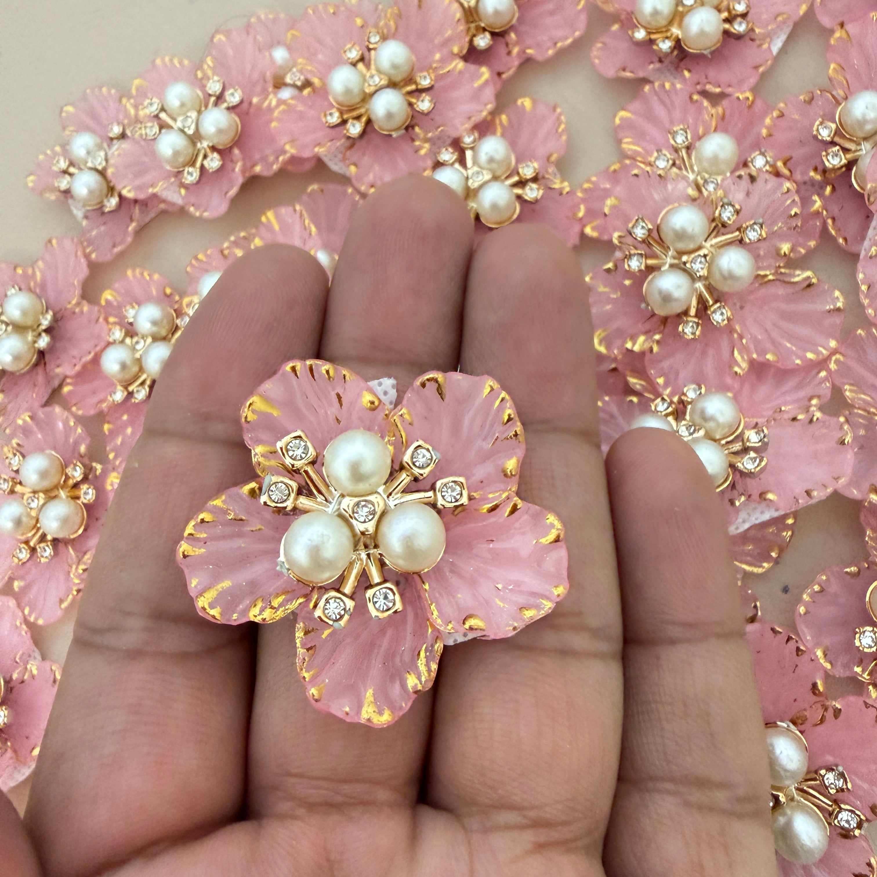 Pink pestal Flower Patches Embellishment with Pearl & Rhinestone Appliques – Pack of 5