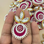 Magenta Kundan Pearl Crystal Applique Patch with ruler showing approx 5.5cm size