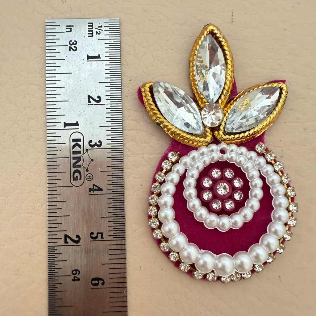 Front and back view of Magenta Kundan Pearl Crystal Applique Patch showing fabric backing