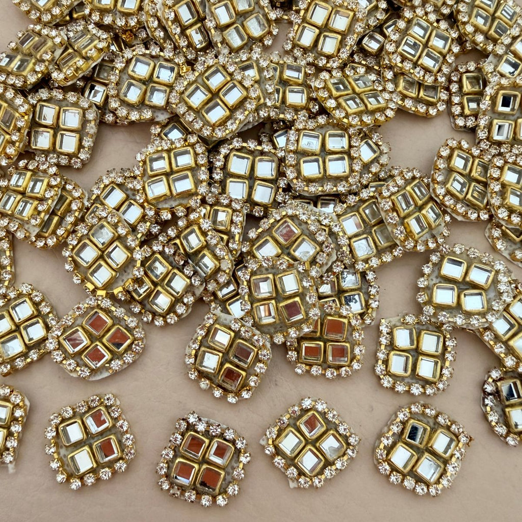 Kundan Mirror Square Patch with Rhinestone Border Applique – Pack of 10