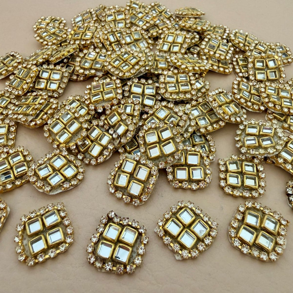 Kundan Mirror Square Patch with Rhinestone Border Applique – Pack of 10