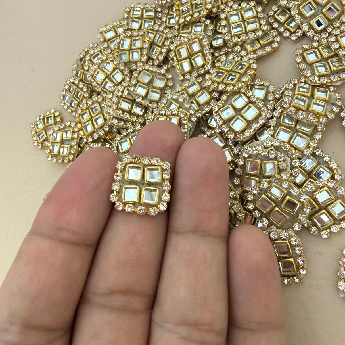 Kundan Mirror Square Patch with Rhinestone Border Applique – Pack of 10