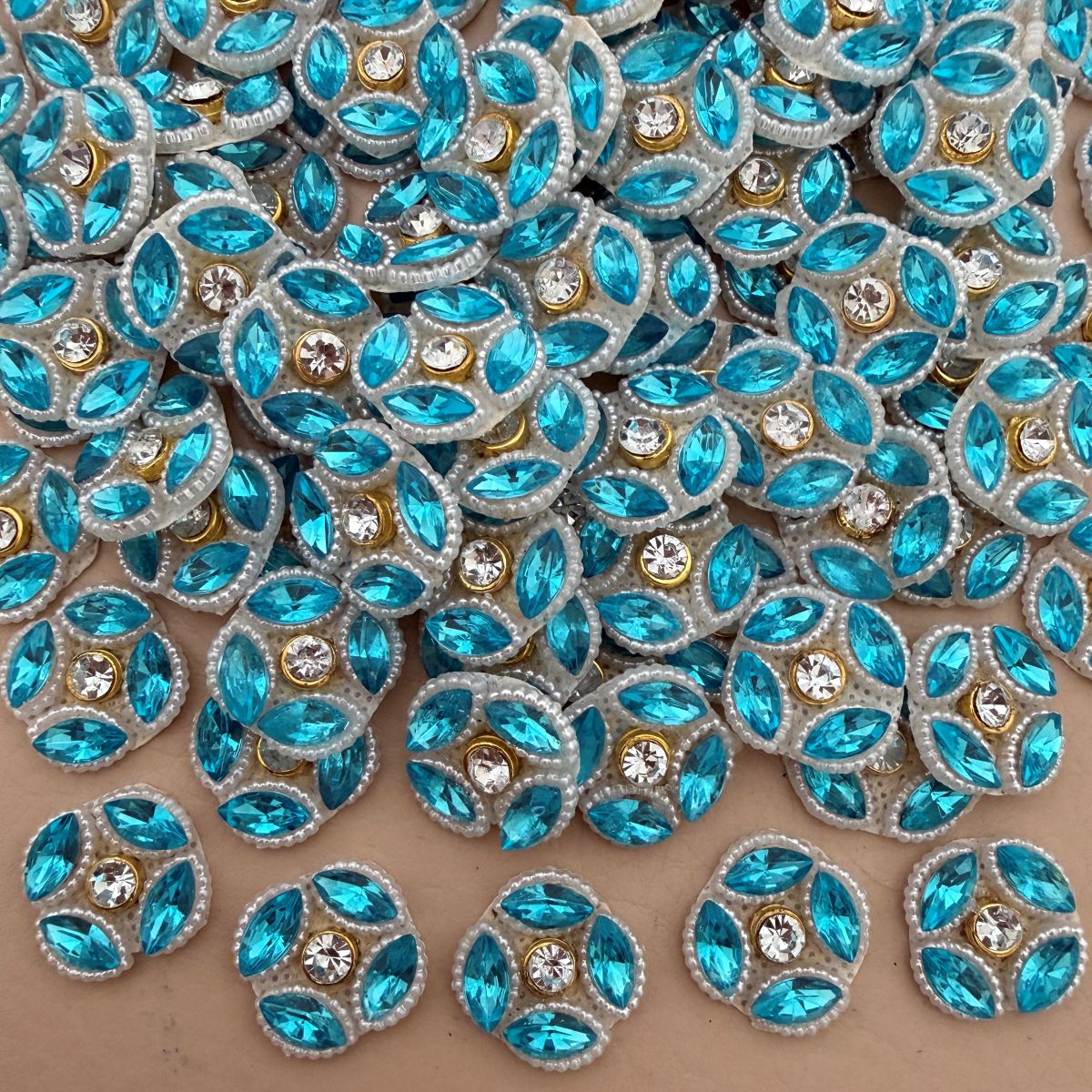 Sky Blue Floral Patch With Pearl Border Crystal Embellishment