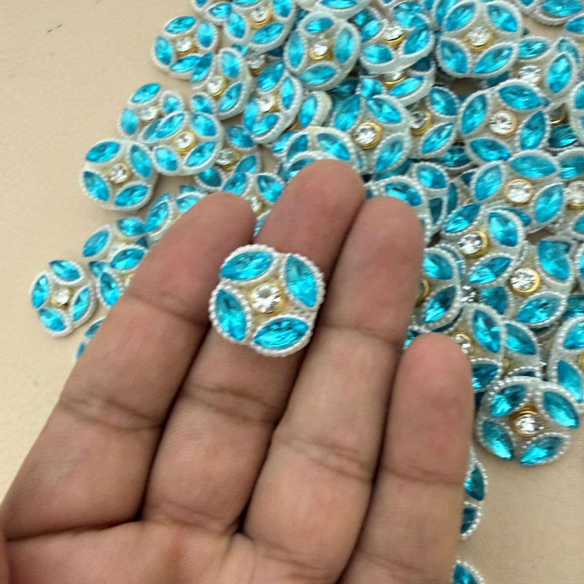 Sky Blue Floral Patch With Pearl Border Crystal Embellishment