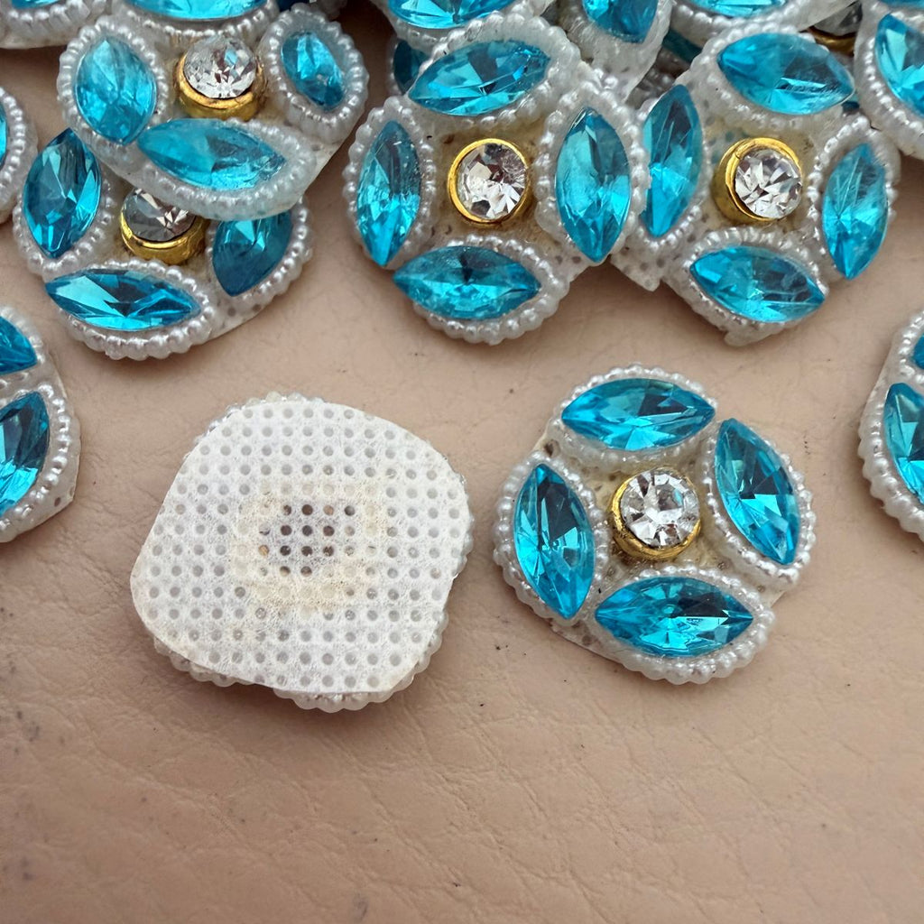 Sky Blue Floral Patch With Pearl Border Crystal Embellishment