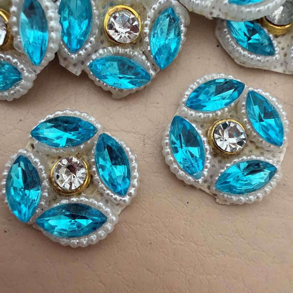 Sky Blue Floral Patch With Pearl Border Crystal Embellishment