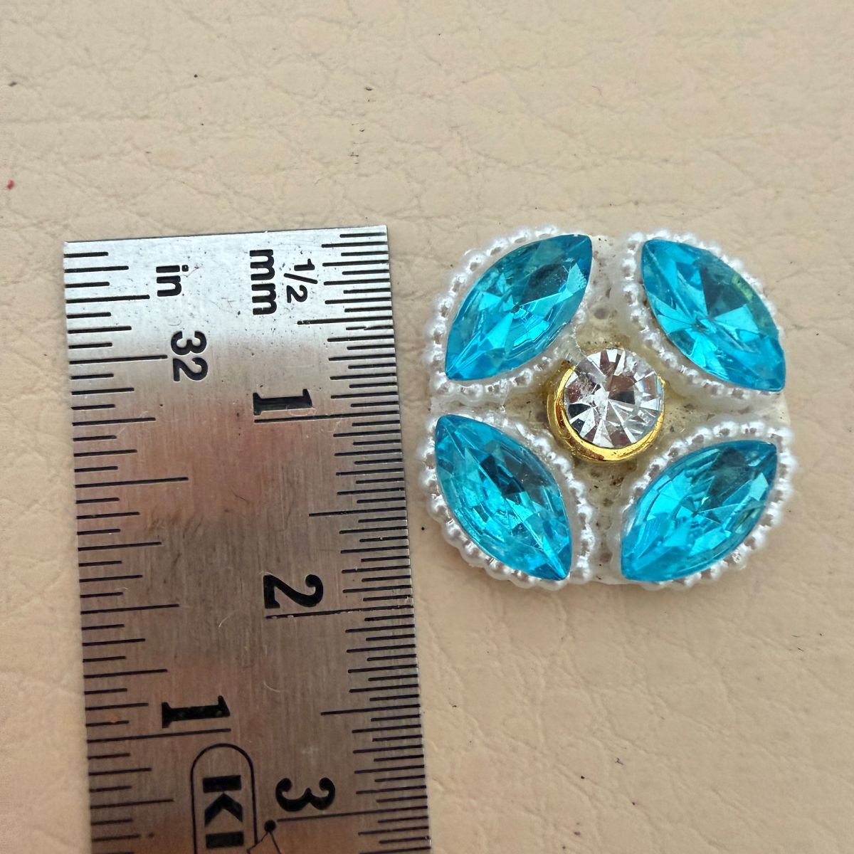 Sky Blue Floral Patch With Pearl Border Crystal Embellishment
