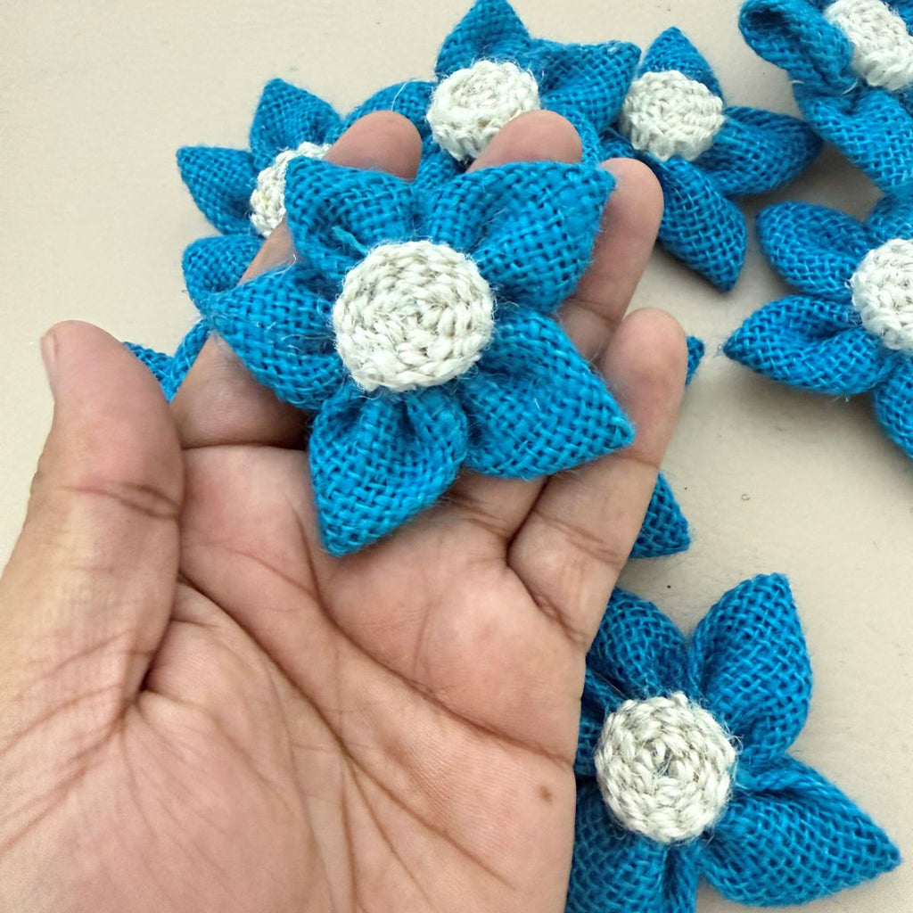 Handcrafted Blue Burlap Daisy Flower Patch-pack of 5