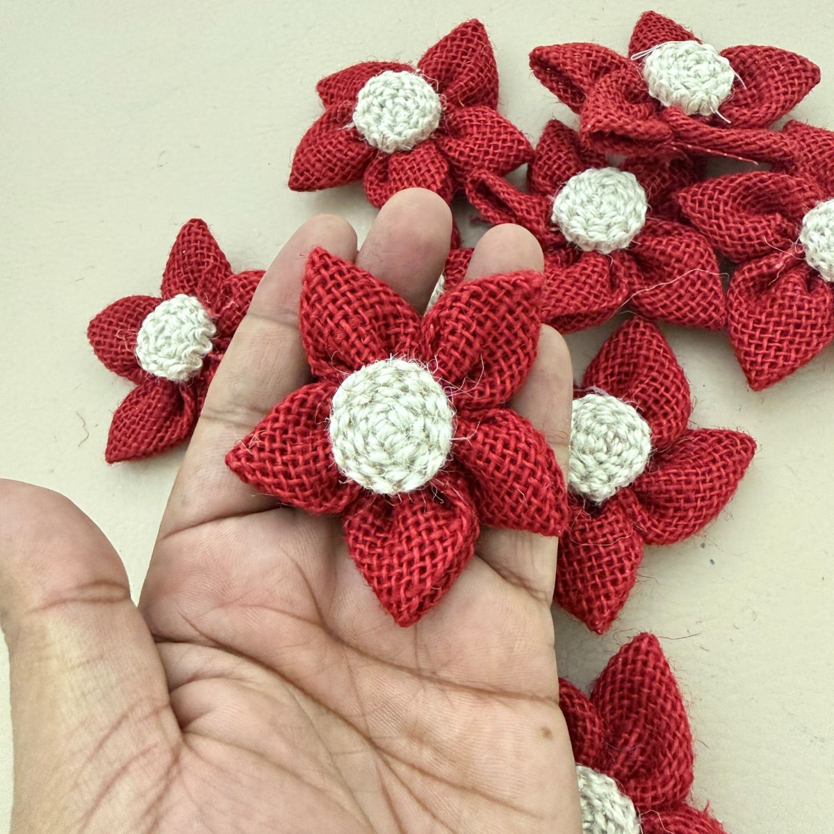 Handcrafted Red Burlap Daisy Flower Craft Decor Patch - Pack of 5