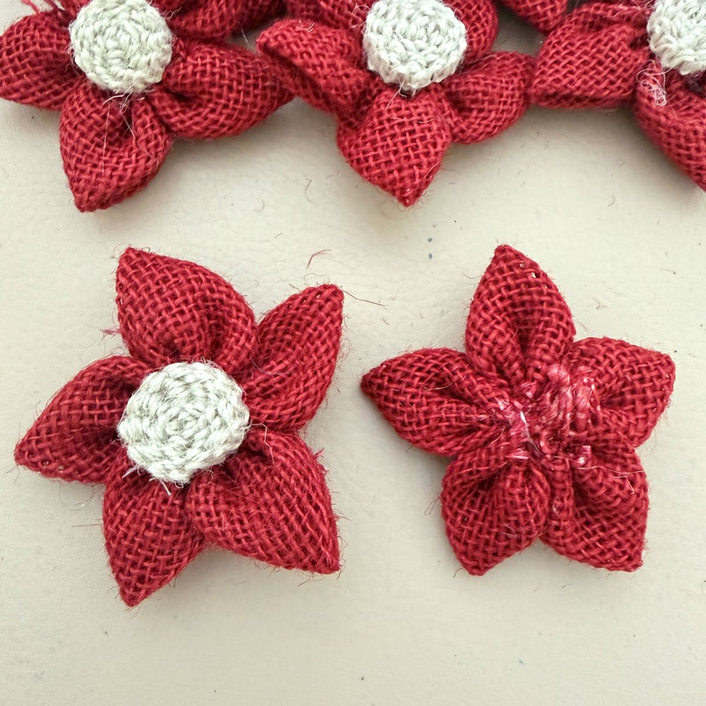 Handcrafted Red Burlap Daisy Flower Craft Decor Patch - Pack of 5