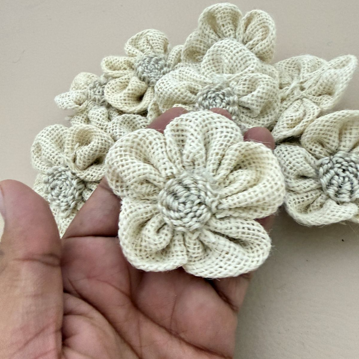Ivory Burlap Jute Flower Appliqué for Bridal Decor Patch – Pack of 5