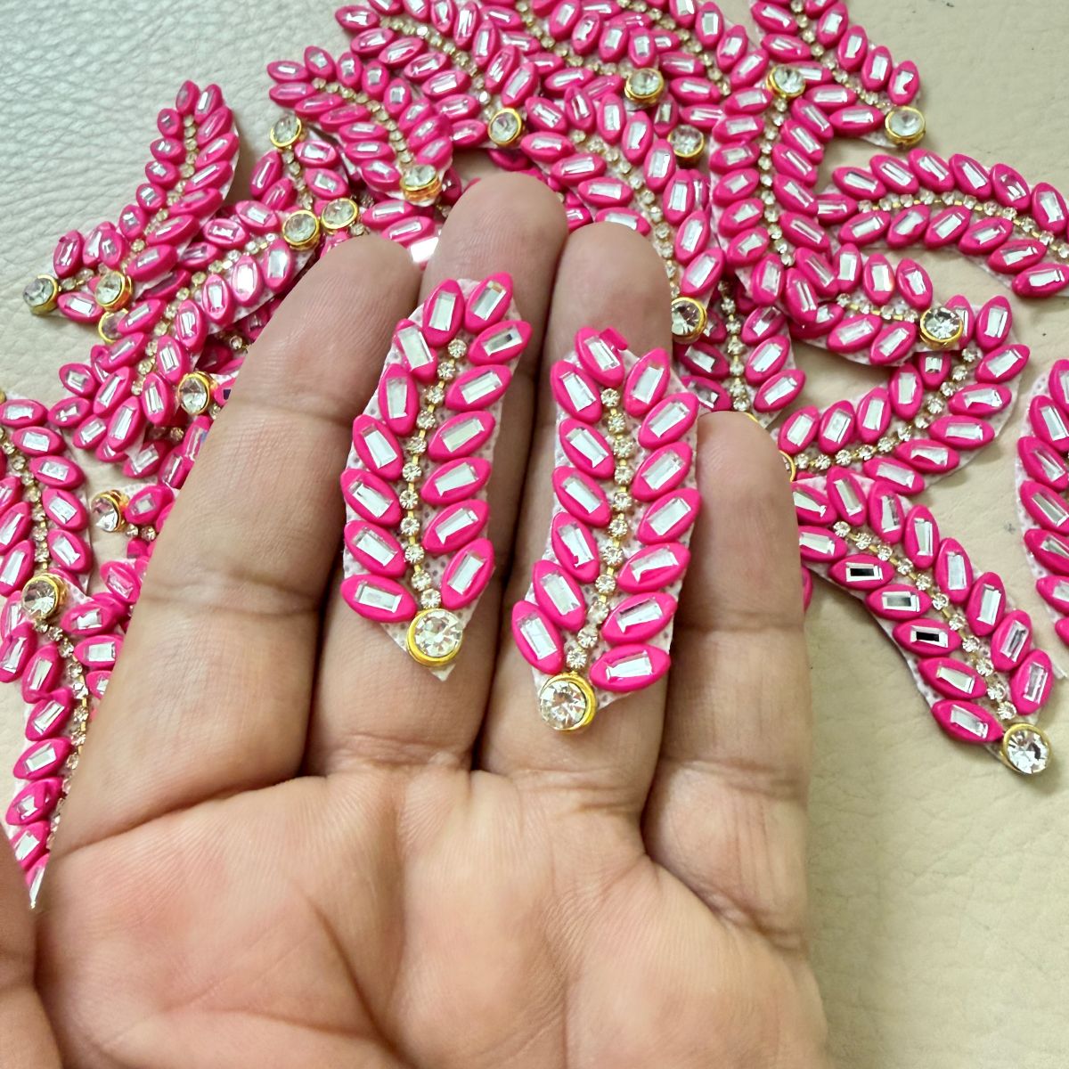 Pink Crystal Rhinestone Leaf Patch – Pack of 10