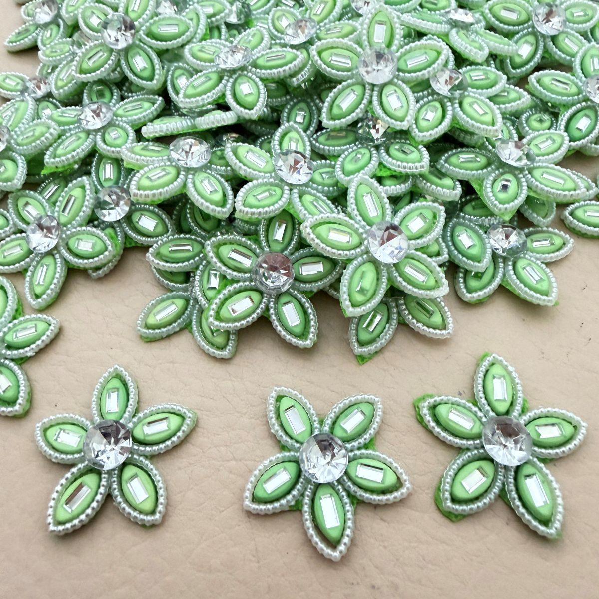 Green Rhinestone Flower Patch – Pack of 25 | Crystal Centre Bead Embellishment