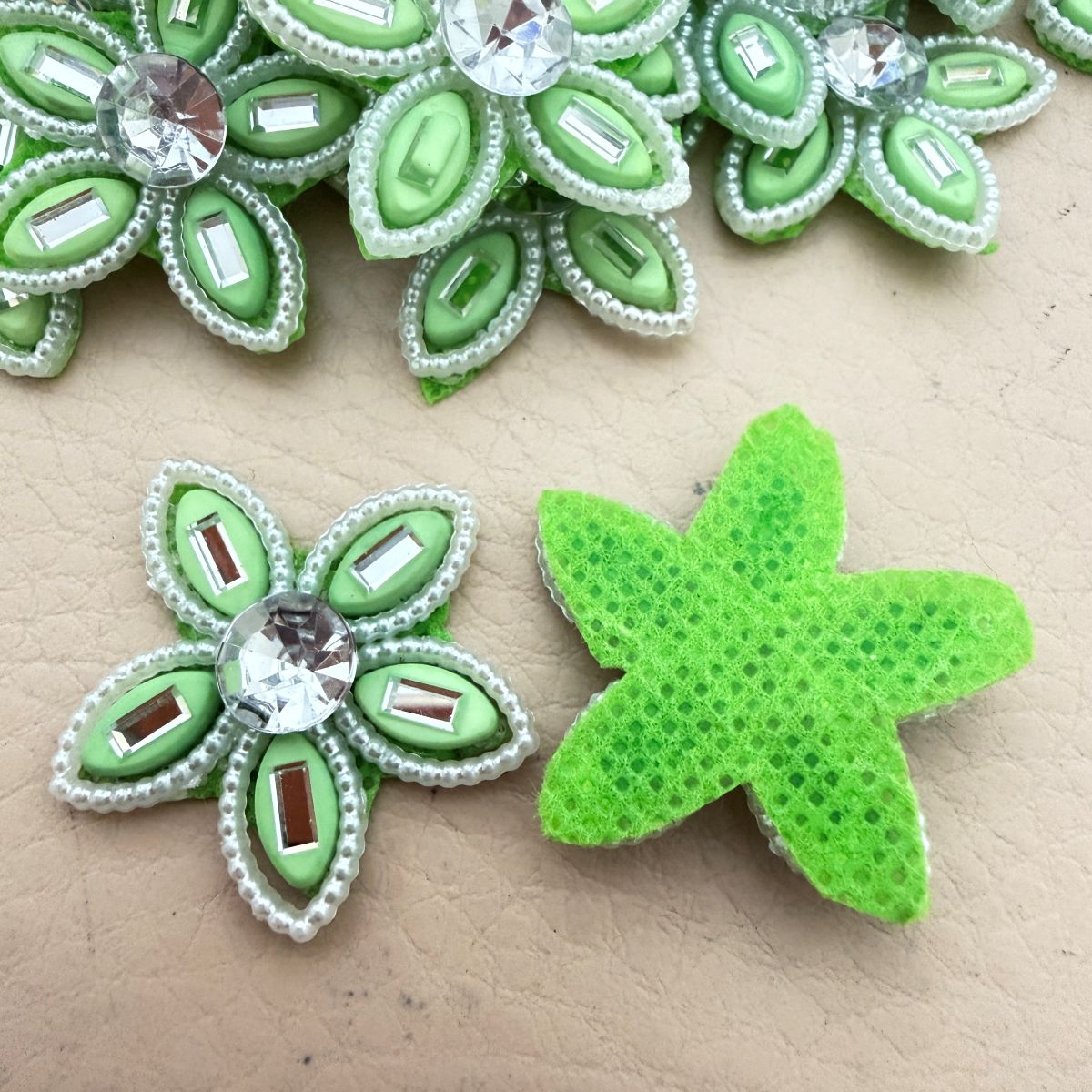 Green Rhinestone Flower Patch – Pack of 25 | Crystal Centre Bead Embellishment